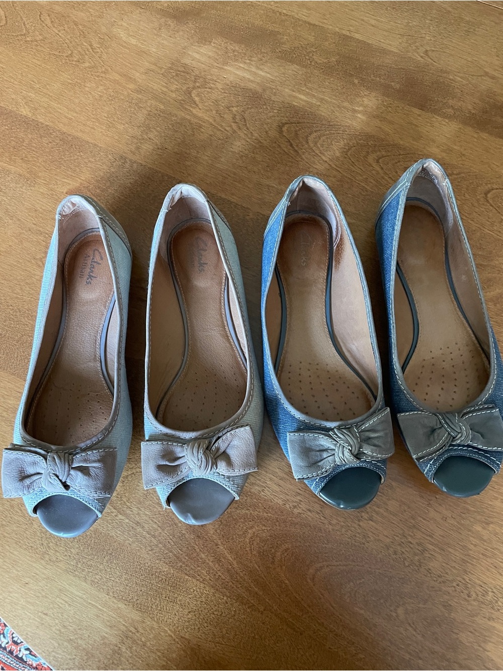 Clarks Women's Bow Peep-Toe Flats in Blue Denim and Tan - Bundle of 2 Pairs